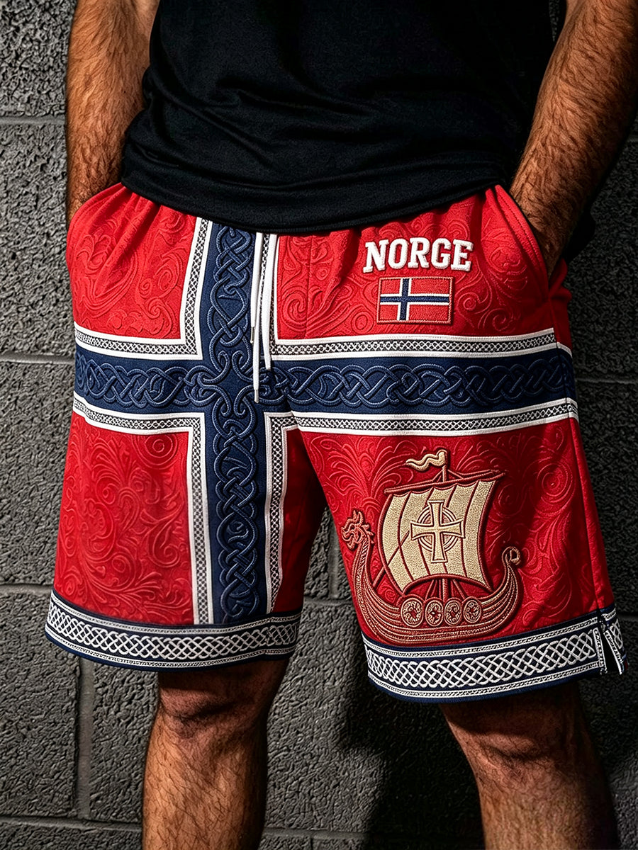 Menns Norge Vikingeskipskunst Keltisk flaggtrykk Casual shorts med dragsnor