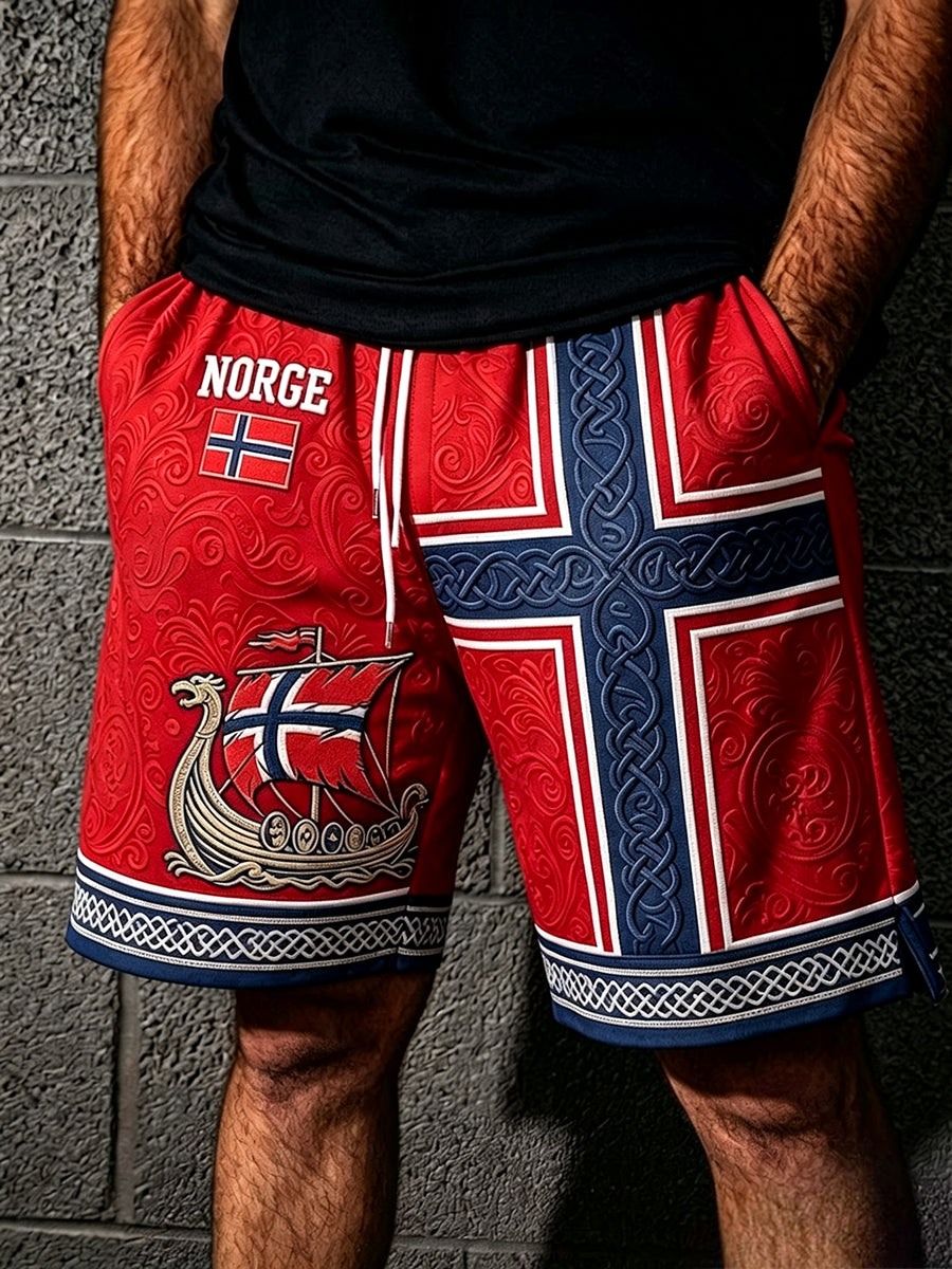 Menns Norge Vikingeskipskunst Keltisk flaggtrykk Casual shorts med dragsnor