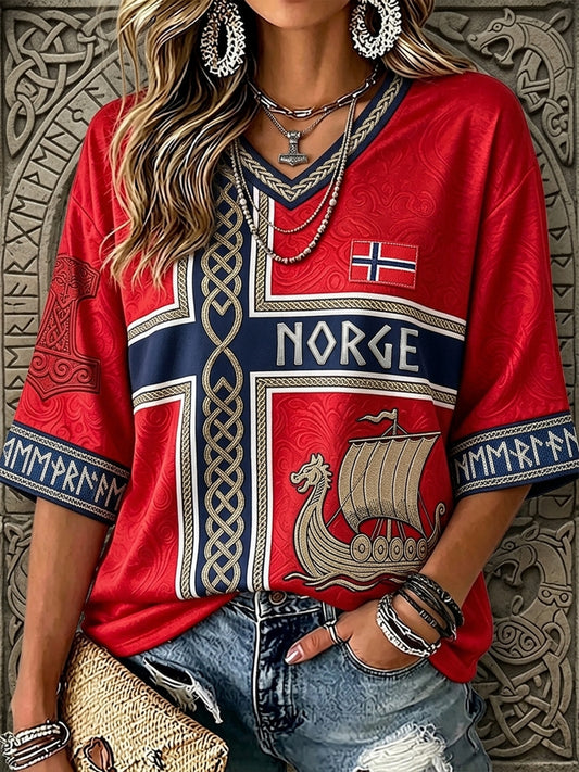 Kvinners Norge-viking-inspirert kunst keltisk trykk midtlange ermer V-utringning T-skjorte