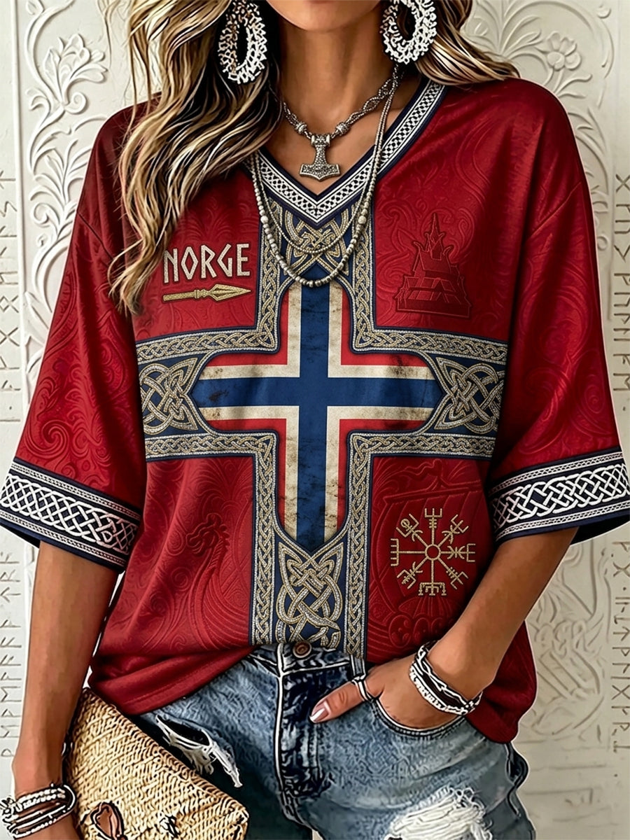 Kvinners vintage Norge viking-inspirert keltisk trykk midtlange ermer V-utringning t-skjorte