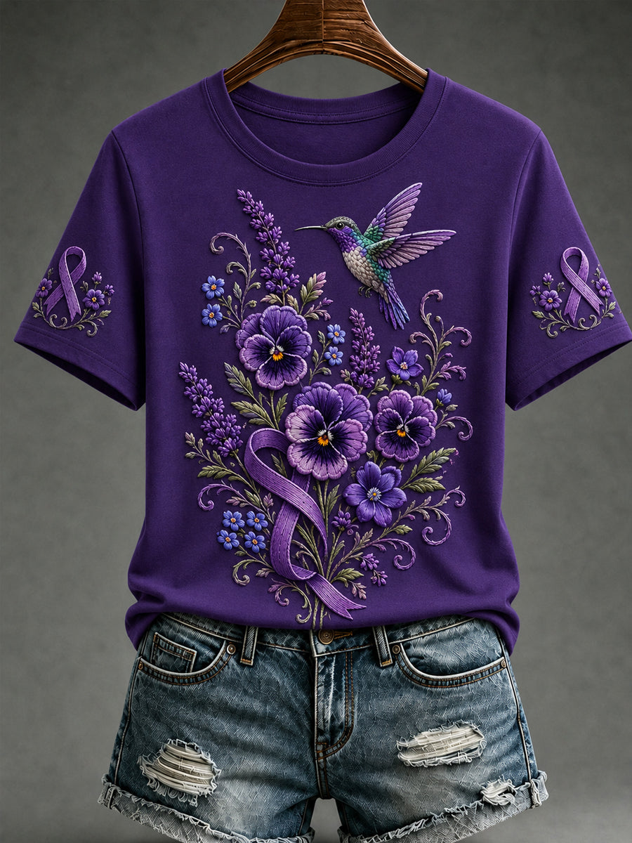 Dame-T-shirt med kort ærme i lilla med blomster- og kolibri-print til støtte for alzheimers-indsatsen