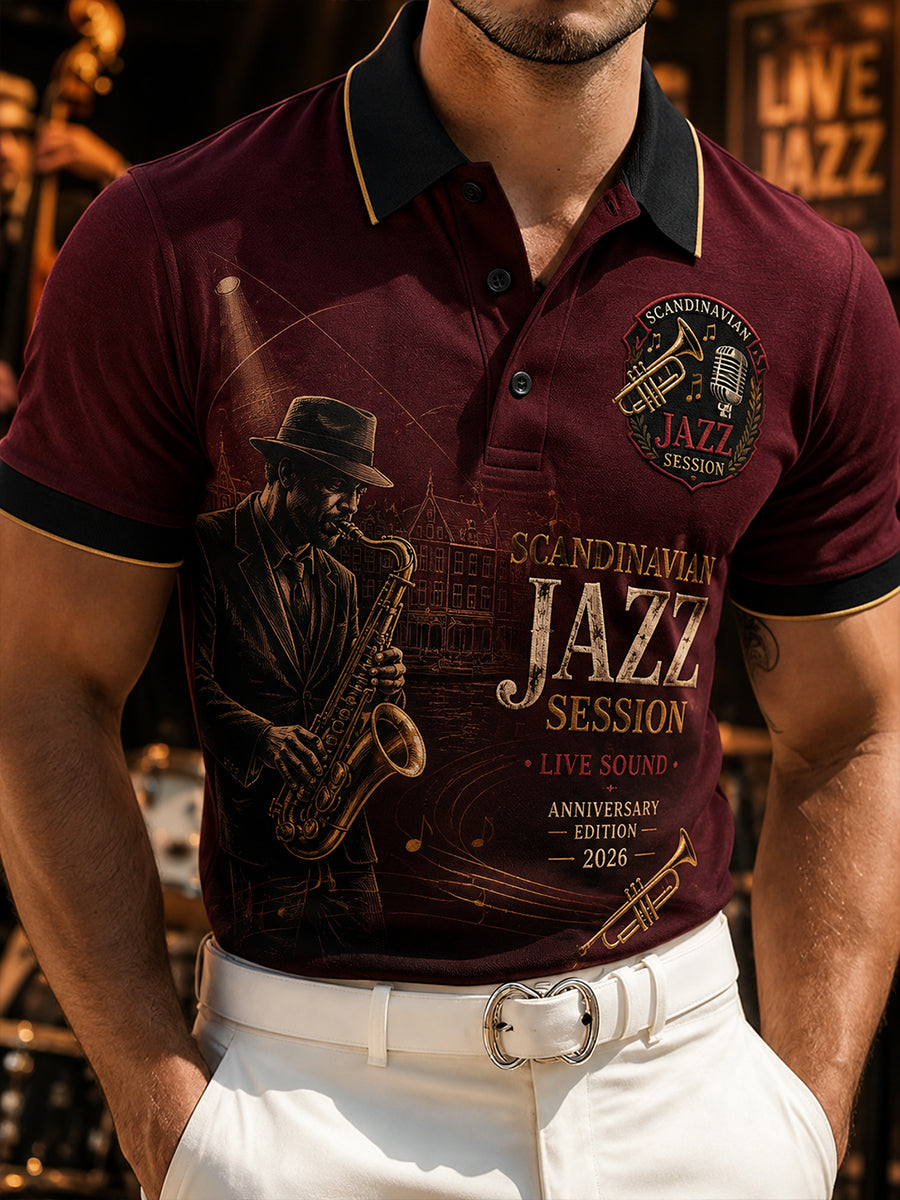 Polo-skjorte til mænd med korte ærmer og vintage jazzmotiv
