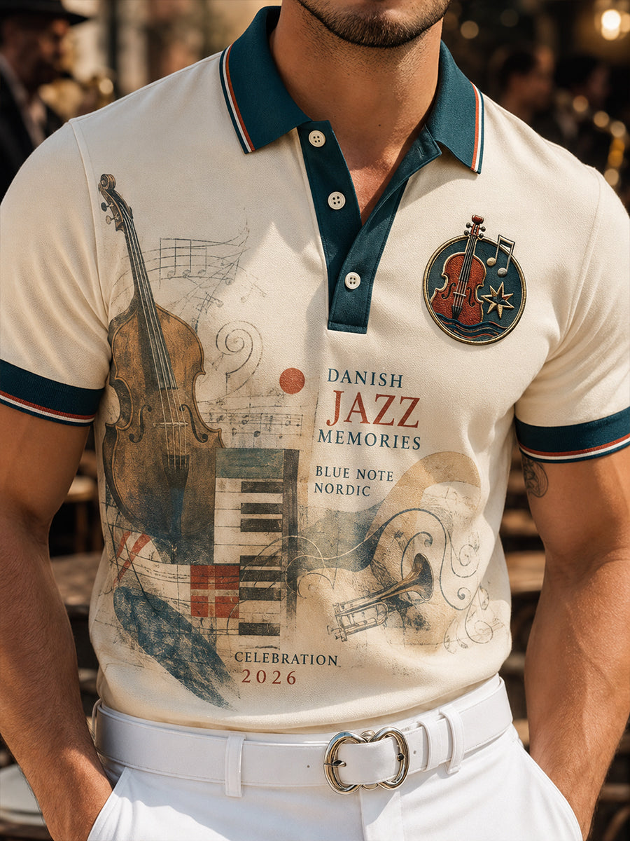 Polo-skjorte til mænd med korte ærmer og vintage jazzmotiv