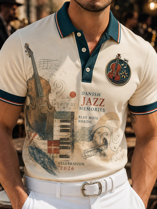 Polo-skjorte til mænd med korte ærmer og vintage jazzmotiv
