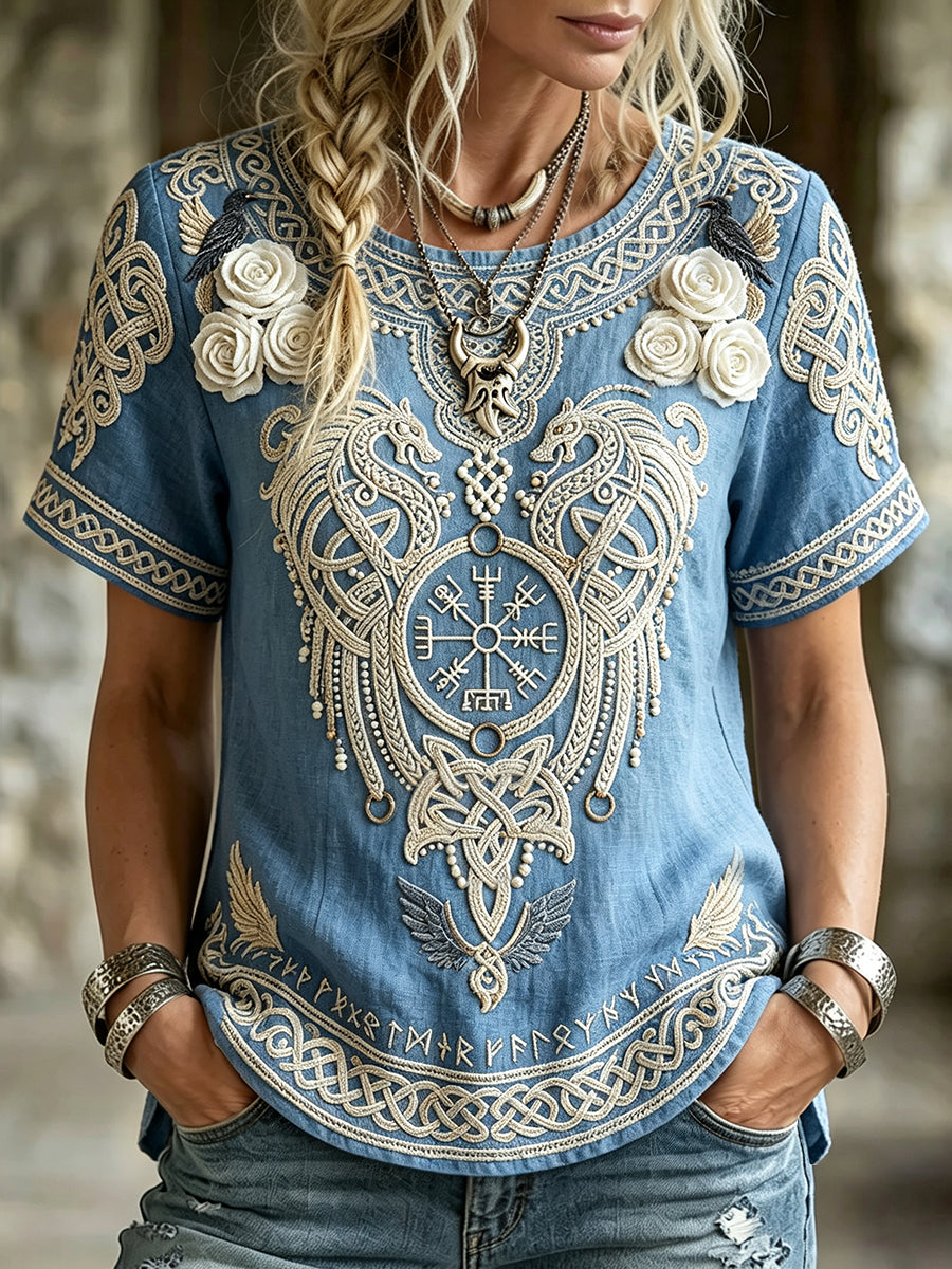 Kvinners elegante vikingkompass Vegvisir linnen T-skjorte med blomstermønster og korte ermer