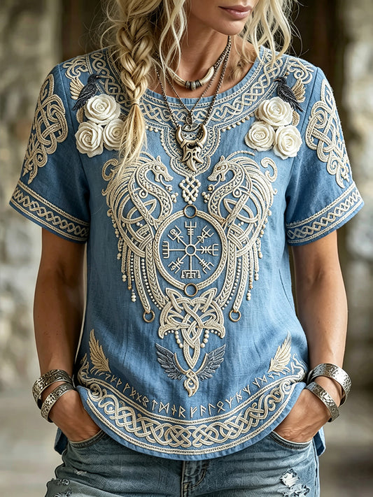 Kvinners elegante vikingkompass Vegvisir linnen T-skjorte med blomstermønster og korte ermer