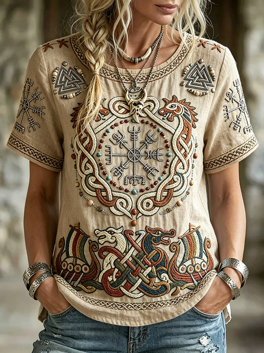 Kvinner Retro Viking kompass Vegvisir kunst Skriv ut linn Kortærmet T-skjorte