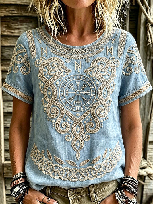 Kvinner Viking kompass Vegvisir kunst Skriv ut linn Kortærmet T-skjorte