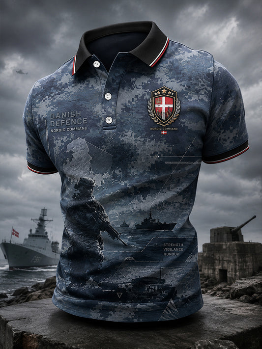 Mænds kortærme Polo skjorte med Vintage Militær-stil Print