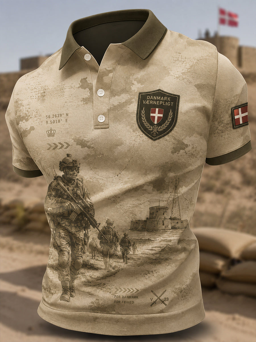 Mænds poloshirt med korte ærmer og vintagemønster i militærstil