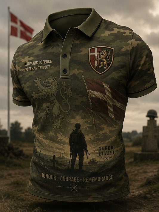 Polo-skjorte til mænd med korte ærmer og en nostalgisk hyldestprint til veteraner