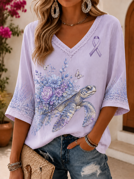 Kvinders Alzheimers sygdom Midt-længde ærmer V-hals T-shirt