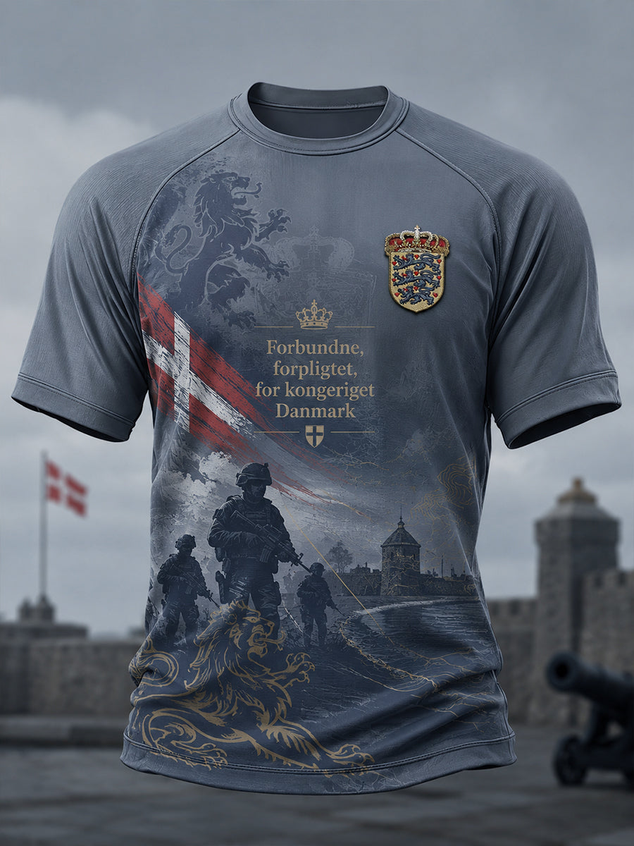 Mænds raglan-T-shirt med korte ærmer og militærstilsmotiv