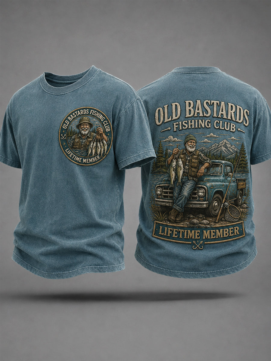 Mænds sjove gamle skiderikker fiskerklub livstidsmedlemsprint afslappet t-shirt