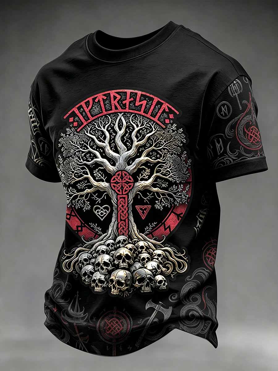 Mænds Retro Træ af liv Skull Print T-shirt