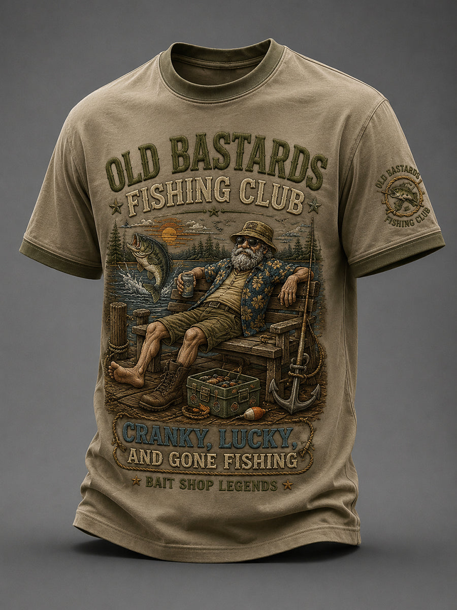 Mænds Sjove Gamle Bøller Fiskerklub Livstidsmedlemsprint T-shirt med korte ærmer