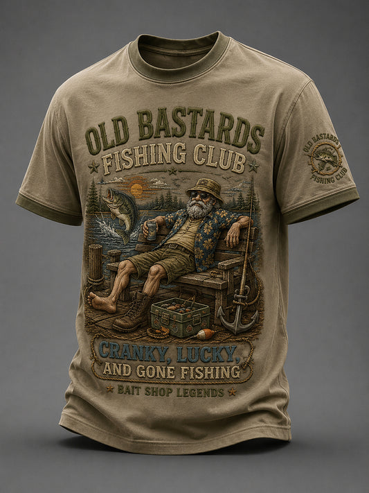 Mænds Sjove Gamle Bøller Fiskerklub Livstidsmedlemsprint T-shirt med korte ærmer