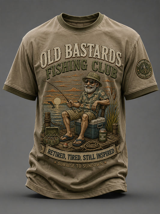 Mænds Sjove Gamle Bøller Fiskerklub Livstidsmedlemsprint T-shirt med korte ærmer