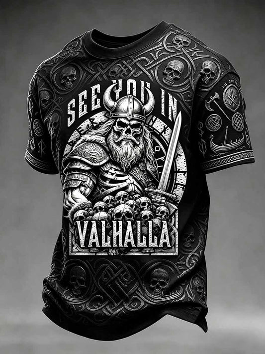 Vintage vikingkriger-print-T-shirt til mænd