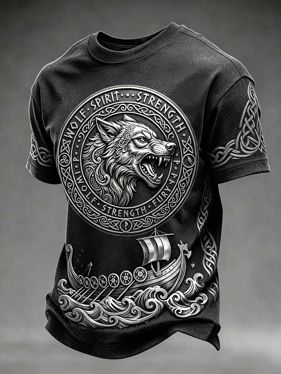 Mænds Vintage Viking Ulv Print T-shirt