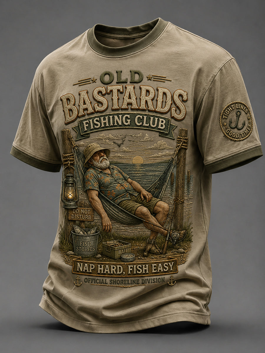 Mænds Sjove Gamle Bøller Fiskerklub Livstidsmedlemsprint T-shirt med korte ærmer