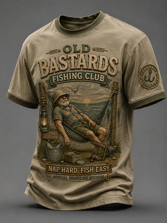 Mænds Sjove Gamle Bøller Fiskerklub Livstidsmedlemsprint T-shirt med korte ærmer