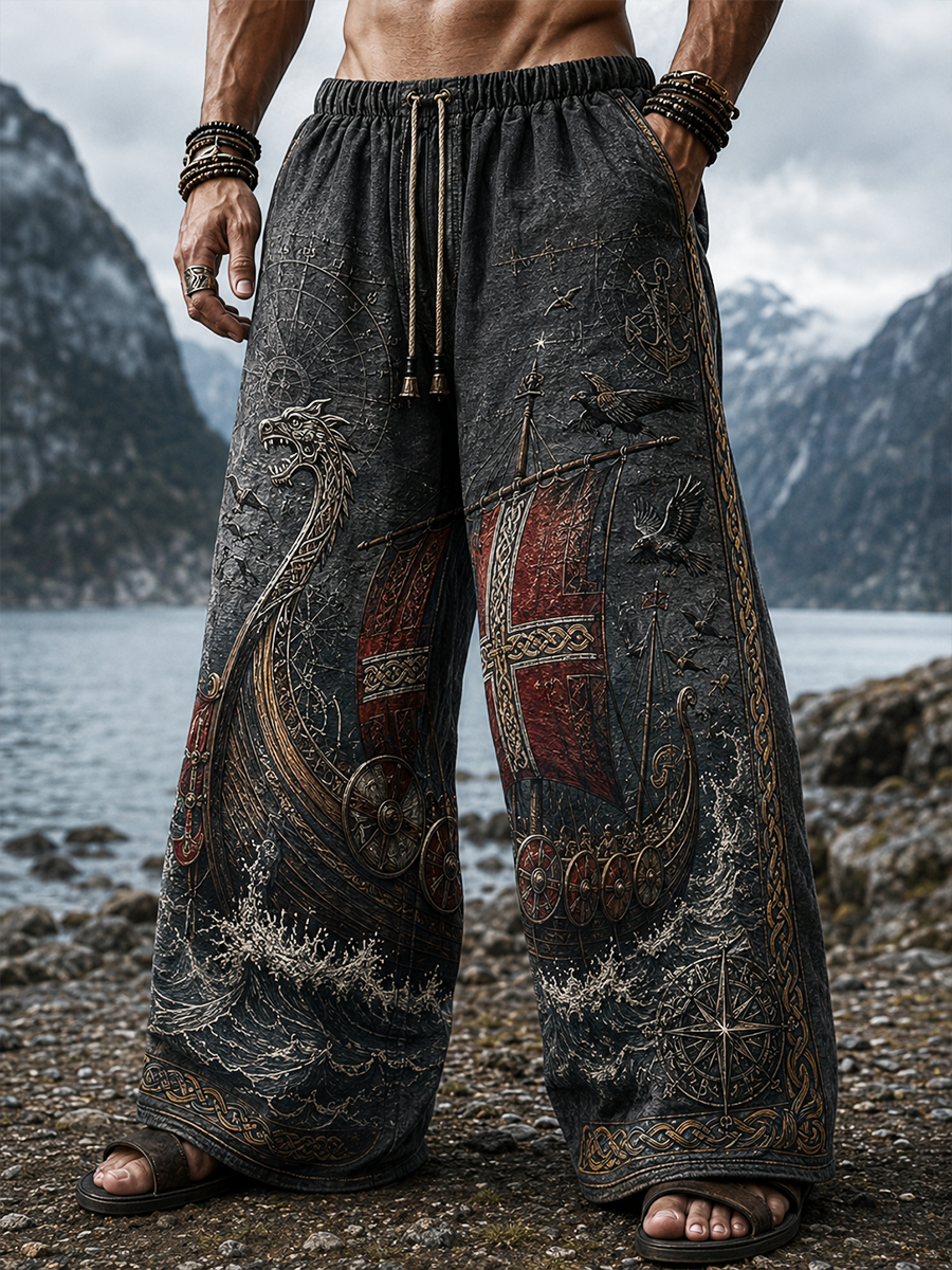 Mænds danske vikinger kunst trykt bomuld og hamp bukser