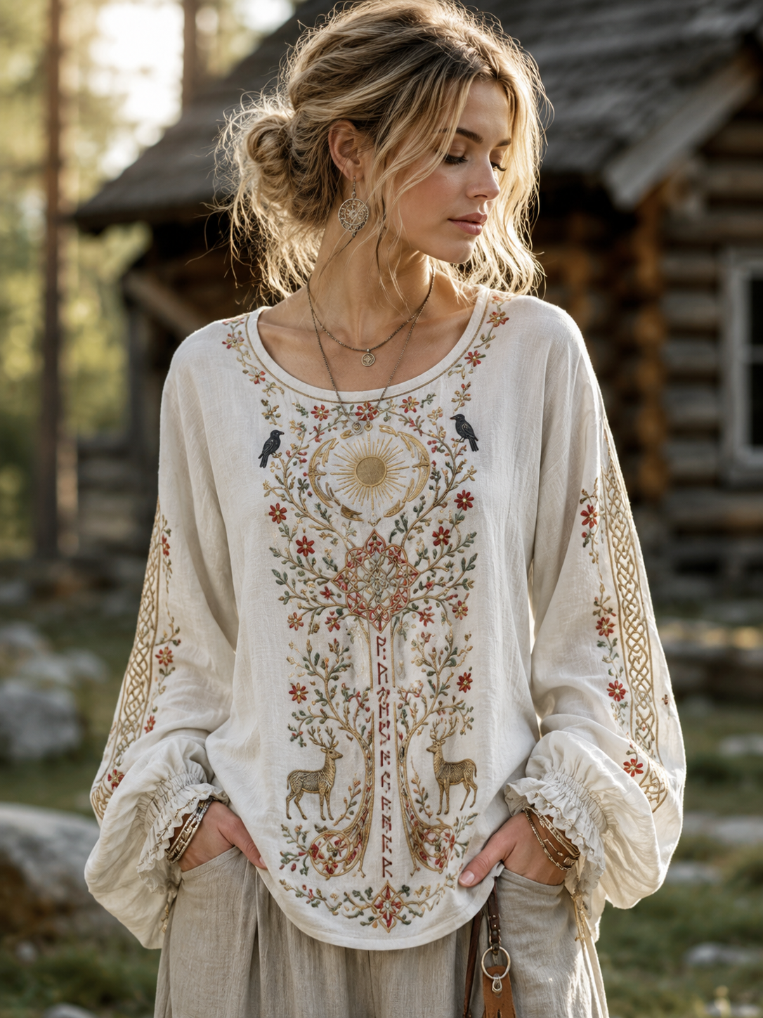 Kvinders danske vikinger Cotton-Linen skjorte