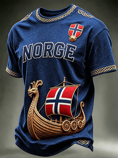 Menns Norge Viking skip Norge Fotball og flagg kunst Skriv ut korte ermer t-skjorte