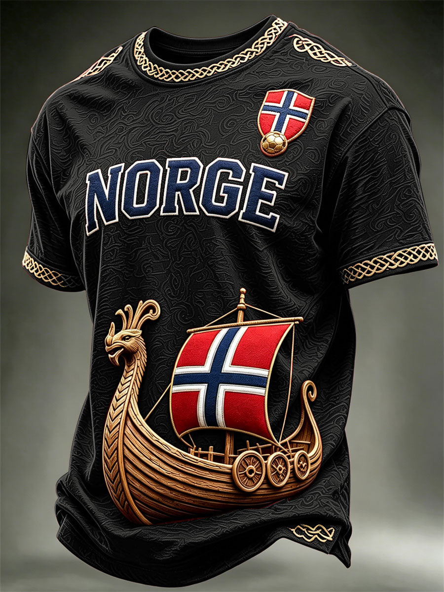 Menns Norge Viking skip Norge Fotball og flagg kunst Skriv ut korte ermer t-skjorte