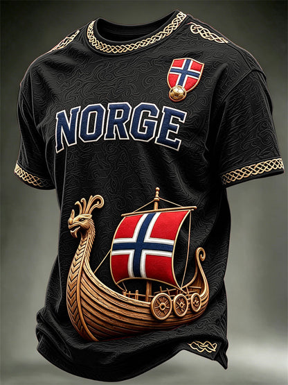 Menns Norge Viking skip Norge Fotball og flagg kunst Skriv ut korte ermer t-skjorte