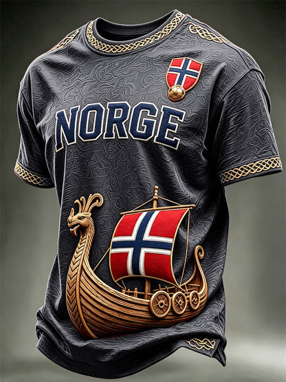 Menns Norge Viking skip Norge Fotball og flagg kunst Skriv ut korte ermer t-skjorte
