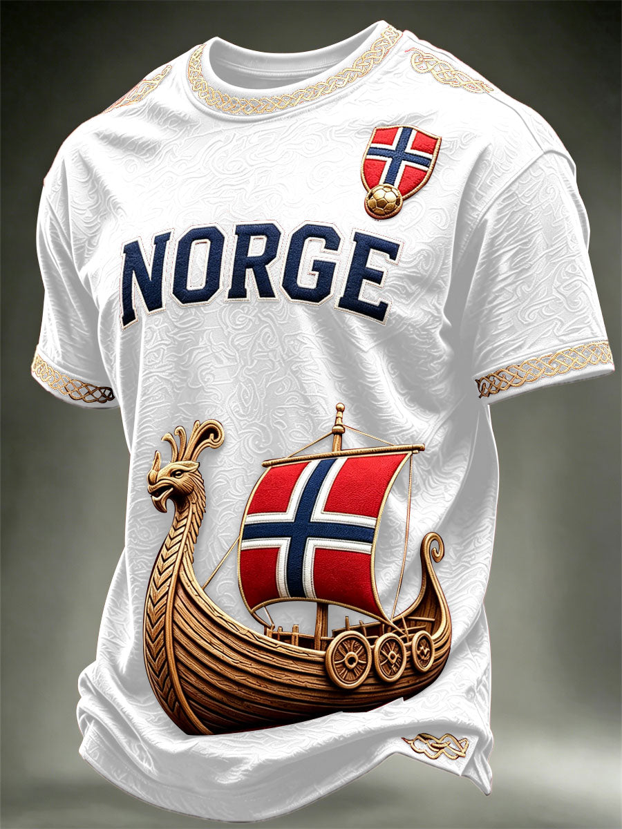 Menns Norge Viking skip Norge Fotball og flagg kunst Skriv ut korte ermer t-skjorte