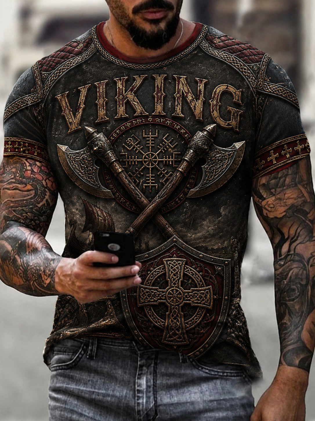 Menns vikingmønstret t-skjorte