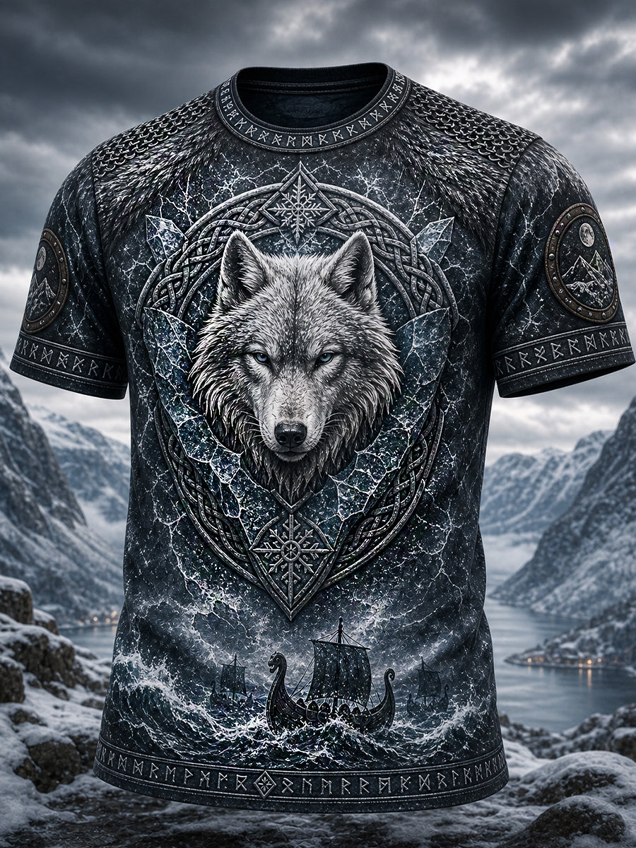 Retro viking-nordisk stil grafisk trykk avslappet t-skjorte