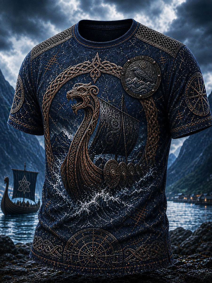 Retro viking-nordisk stil grafisk trykk avslappet t-skjorte