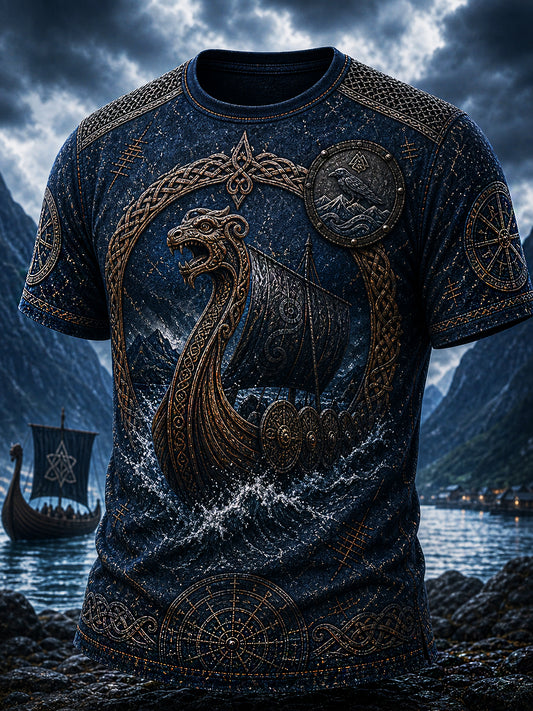 Retro viking-nordisk stil grafisk trykk avslappet t-skjorte