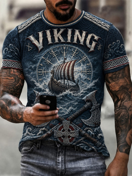 Menns vikingmønstret t-skjorte