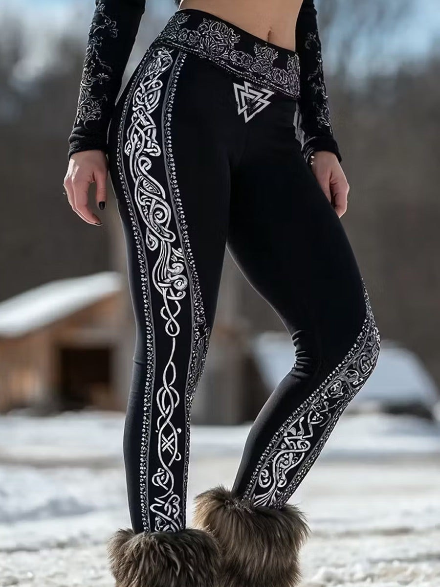 Uformelle leggins med kunsttrykk i vintage viking- og nordisk stil