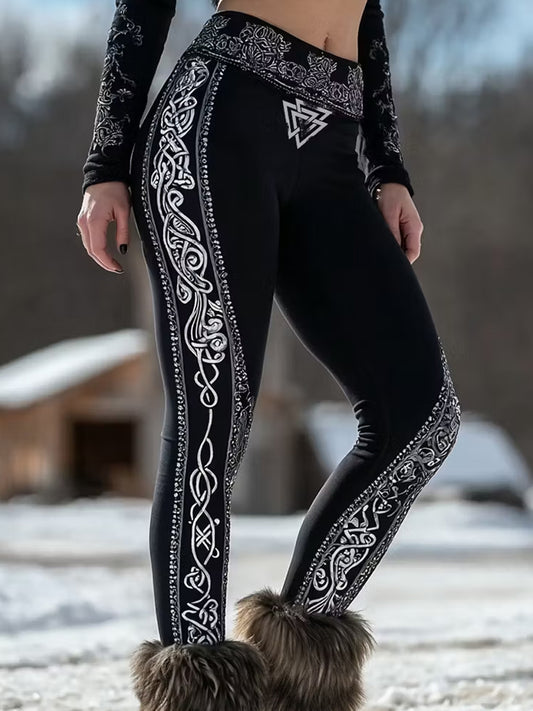 Uformelle leggins med kunsttrykk i vintage viking- og nordisk stil