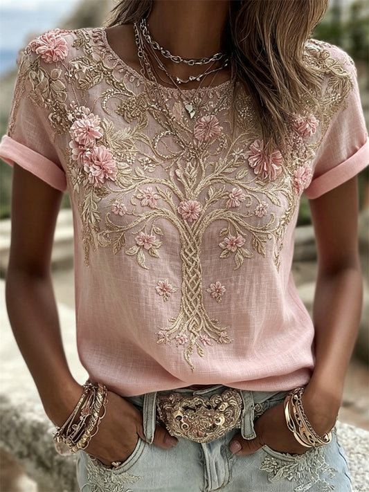 Kvinner Classy Pink Blomster tre of Life Celtic Print linned kortærmet T-skjorte