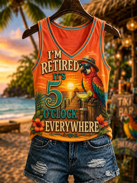 Kvinders “Jeg er pensioneret, klokken er 17 alle steder” parakitt-print afslappet v-halsvest