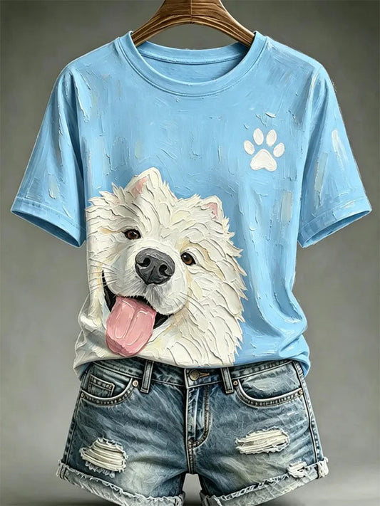Kvinders hunde-oliebilledstil printet afslappet t-shirt