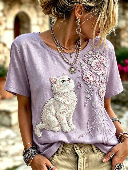 Kvinder Cat Blomster T-shirte