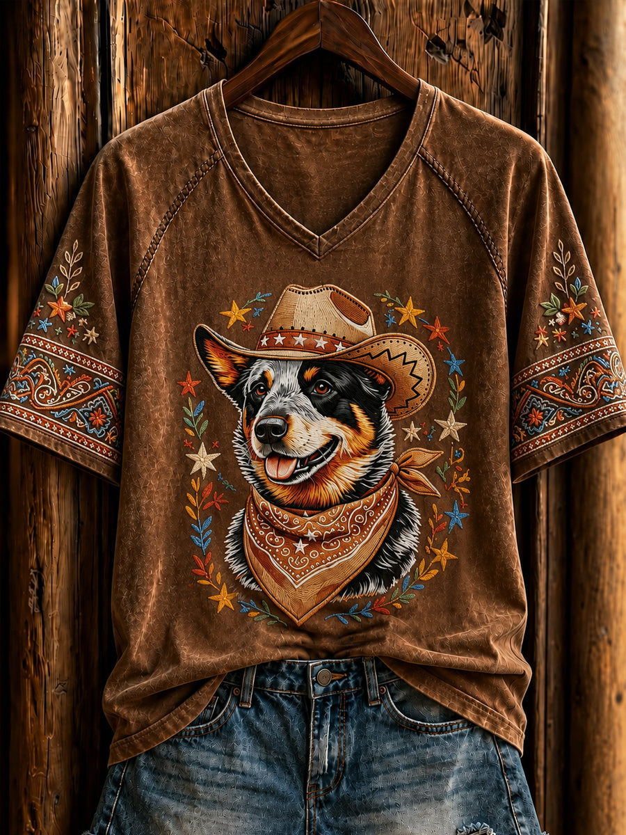 Kvinders retro western cowboy hund t-shirt med korte ærmer