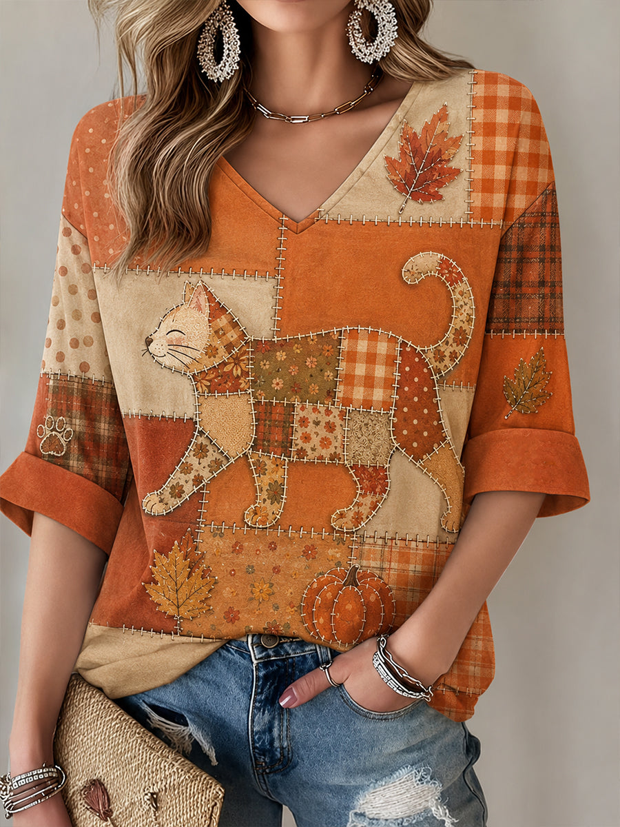 Kvinders efterårsstil, patchwork-print, casual T-shirt med V-udskæring