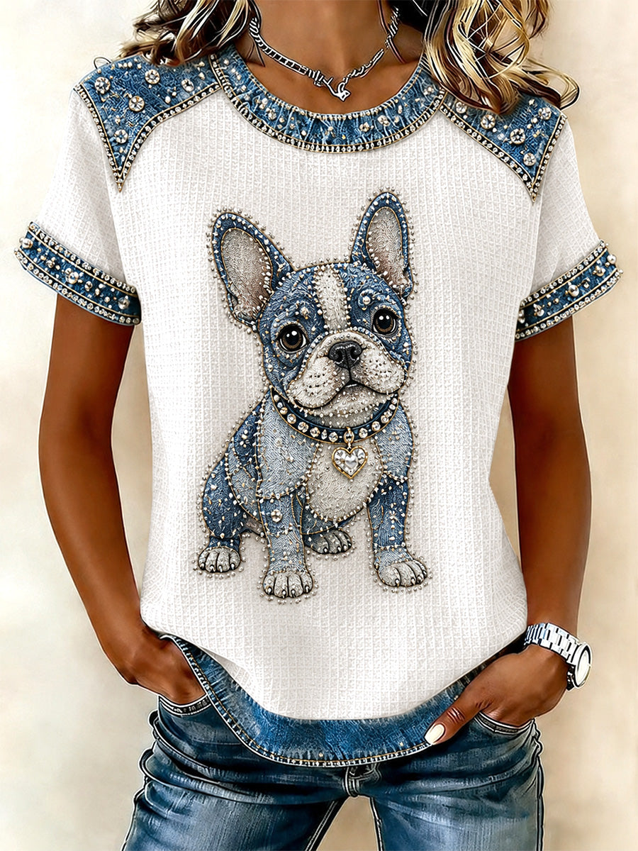 Damejeans lappeteknik hundeprint vafler afslappet t-shirt