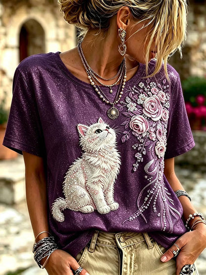 Kvinder Cat Blomster T-shirte