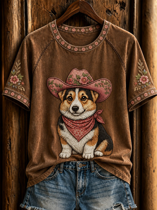 Kvinder Retro Western Cowboy Dog Short Sleeve T-shirt