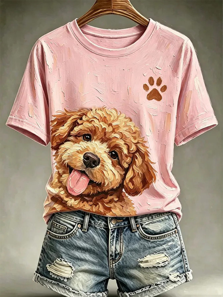 Kvinders hunde-oliebilledstil printet afslappet t-shirt